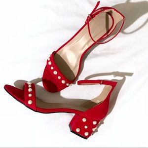 Public Desire Faux Suede Pearl Studded Block Heels
